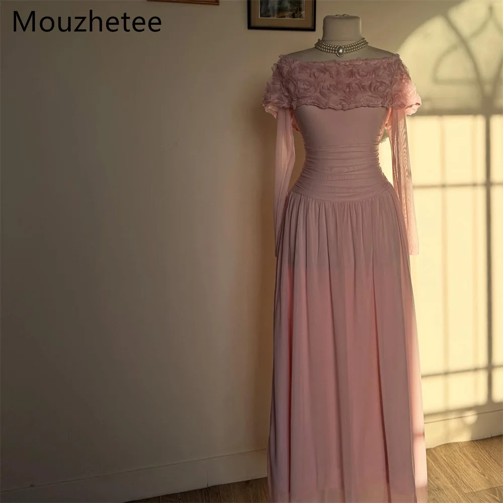 

Mouzhetee A-Line Strapless Pink Flowers Elegant Evening Dresses Formal Dresses for Women Simple Prom Gowns Custom Made