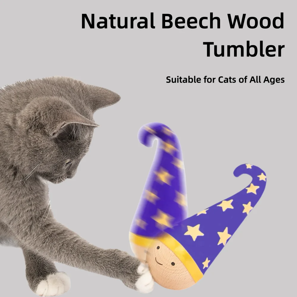 

Cat Tumbler Toy with Natural Beech Base – Turkey Feather & Catnip Interactive Play, Self-Righting Design