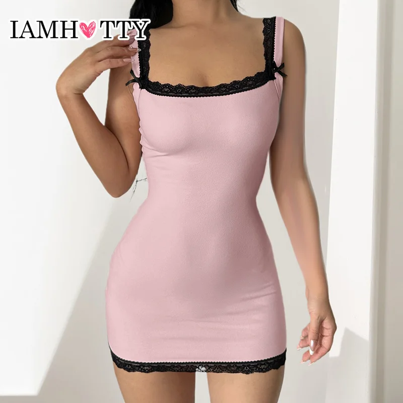 IAMHOTTY Y2K Contrast Lace Patchwork Bodycon Mini Dress Pink Coquette Aesthetic Slim-fitting Sleeveless Dress Holiday Party Robe