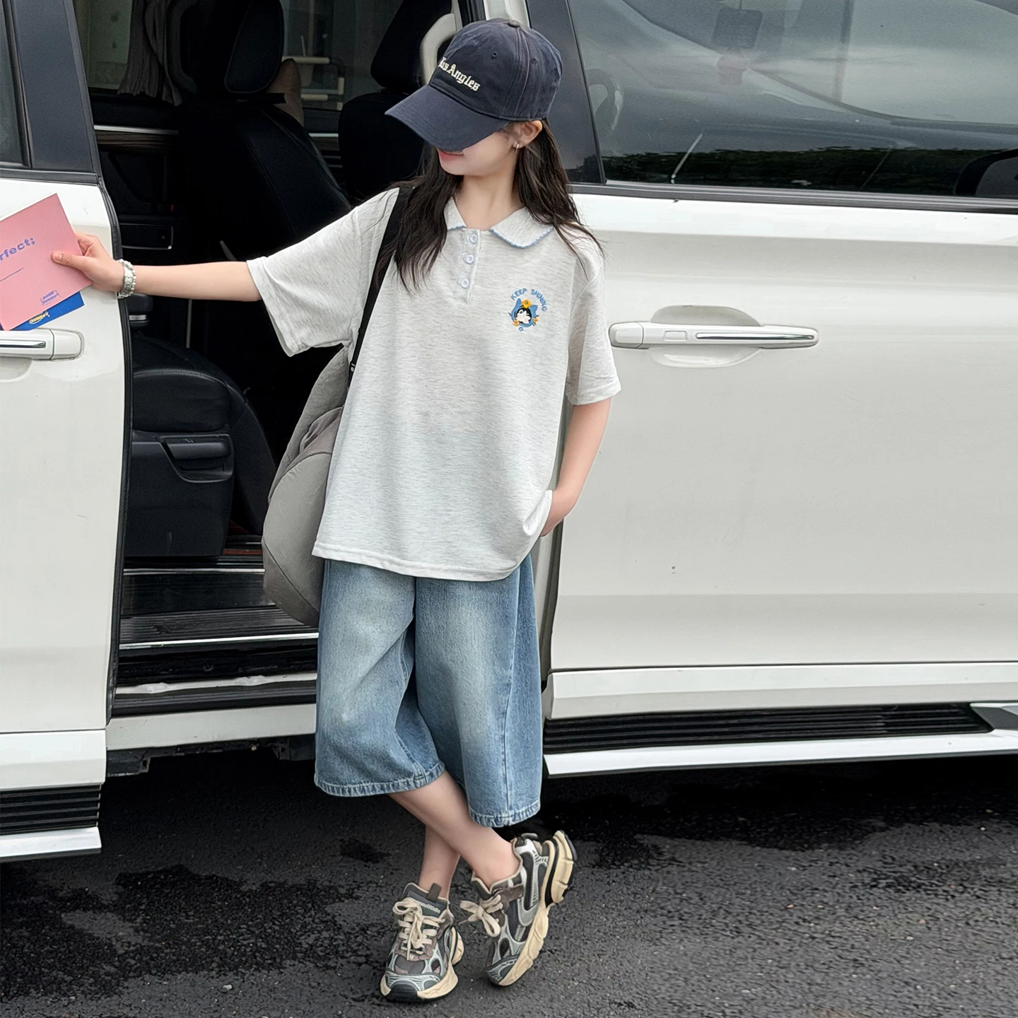 Girls' Short Sleeve Polo Shirt Loose Half Sleeve T-Shirt Summer Casual Wear Contrast Color Middle School Students Top