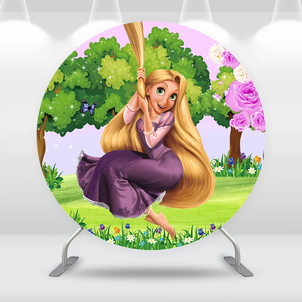 Tangled Rapunzel Princess Round Backdrops Tree Flowers Frog Girl's Birthday Party Baby Shower Circle Background Elastic Round