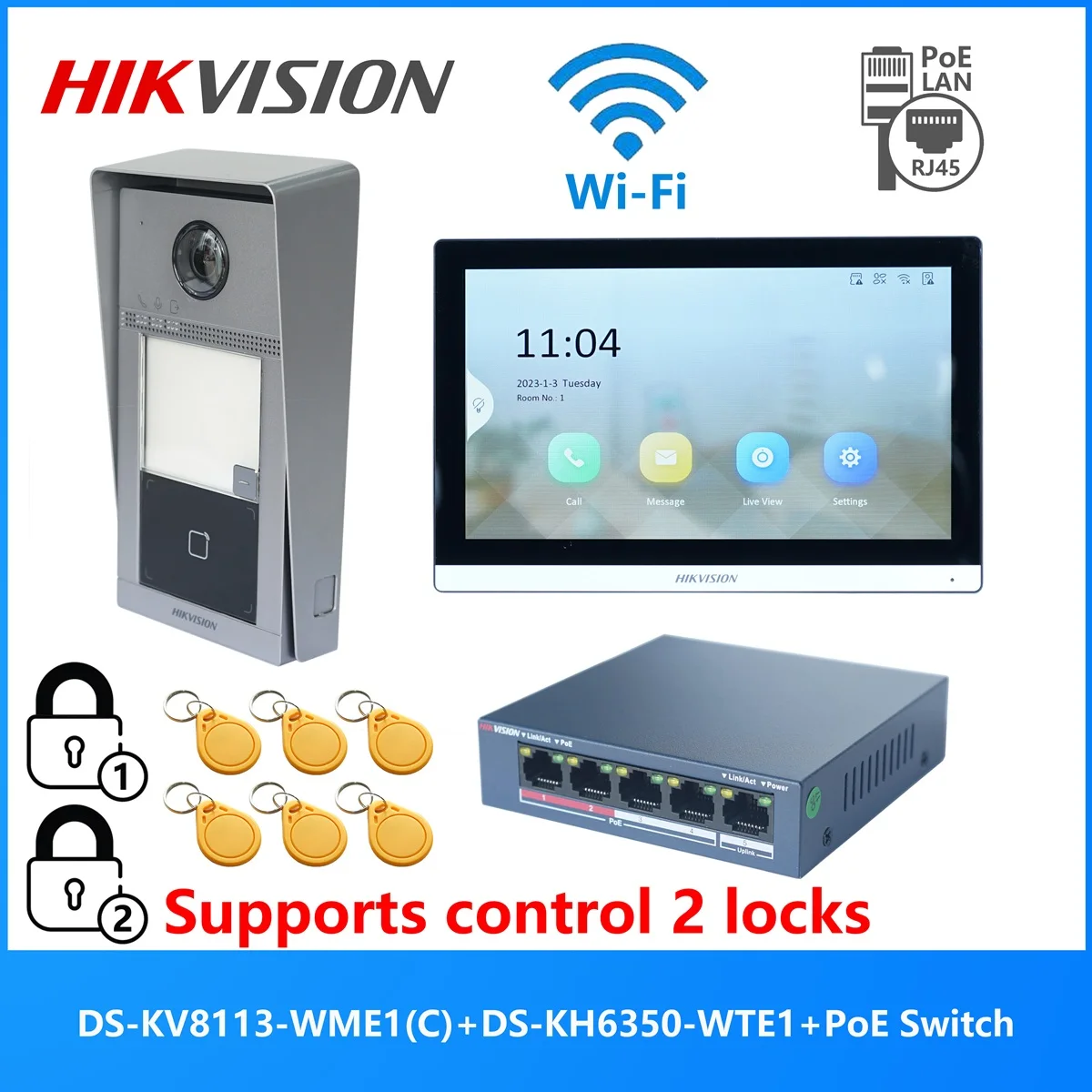KIT d'interphone vidéo POE 802.3af multilingue HIKVISION, comprenant DS-KV8113-WME1(C) et DS-KH6350-WTE1 et commutateur PoE KIT d'interphone vidéo POE 802.3af multilingue HIKVISION, comprenant DS-KV8113-WME1(C) et DS-KH6350-WTE1 et commutateur PoE