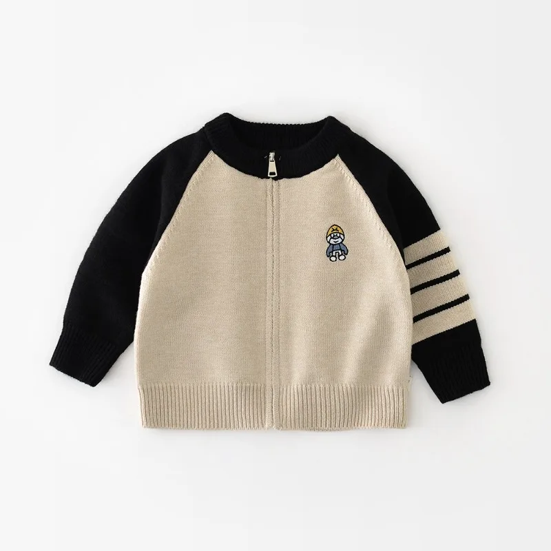

HoneyCherry New Autumn Children's Raglan Sleeve Contrast Color Zip Cardigan Sweater - Boys' Crew Neck Knitted Coat