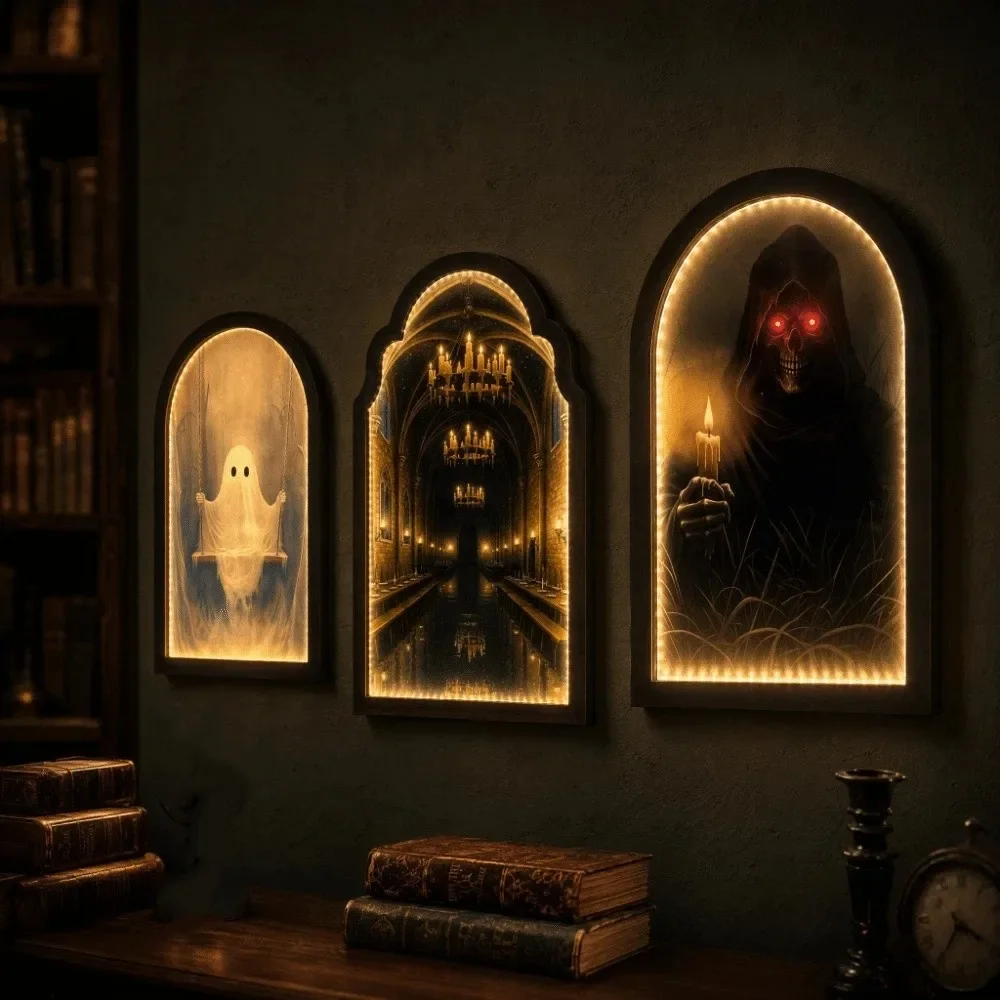 LED Glowing Halloween Ghost Mirror Illuminated Light Up LED Wall Mirror Spooky Home Decor Ghost Shaped Luminated Ghost Mirror
