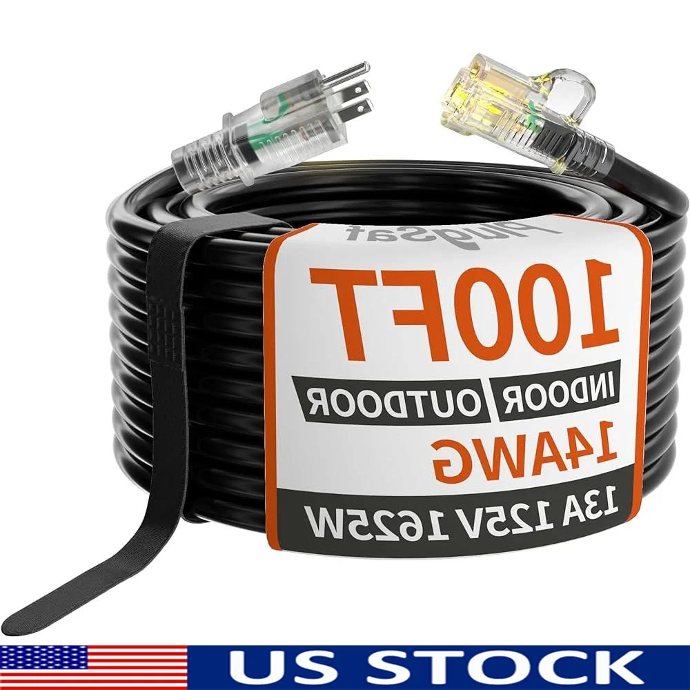 

Черный удлинитель калибра 100 футов, 14/3, наружный водонепроницаемый индикатор с подсветкой, холодная погода -40 ° C Гибкий 3-контактный 125 В 13 А