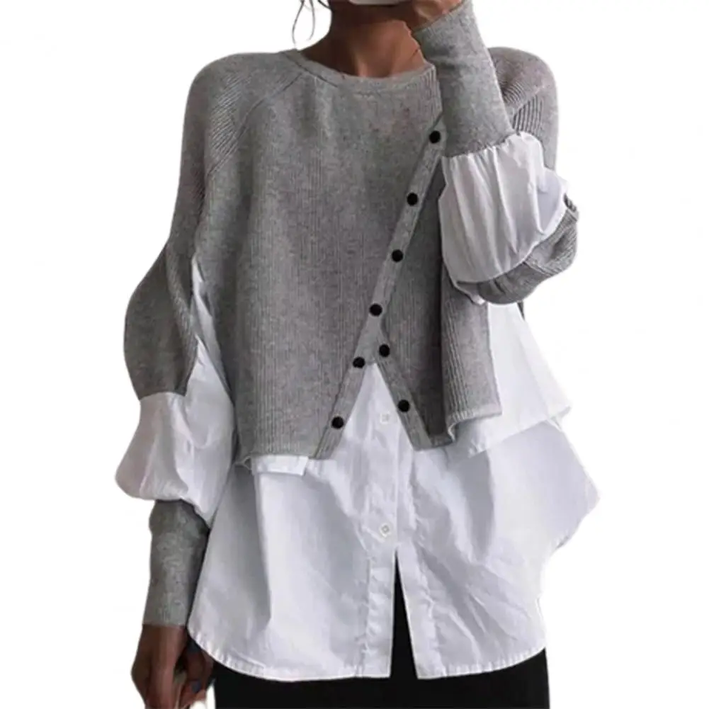 Casual Female Office Autumn Irregular Button Shirts Women Sexy Splicing Crew Neck Knitted Pullover Long Sleeve Commuter Jumper