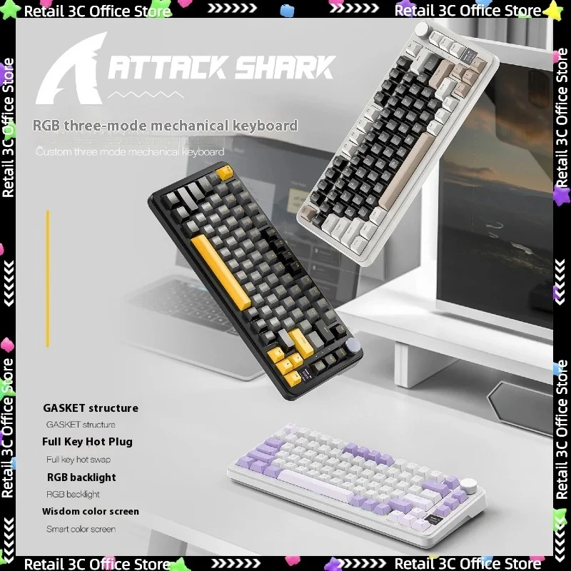 

Attack Shark X85pro RGB Alloy Knob Mechanical Keyboard Tri-Mode Smart Colour Screen Gasket Structure Full-Key Hot Swap Keyboard