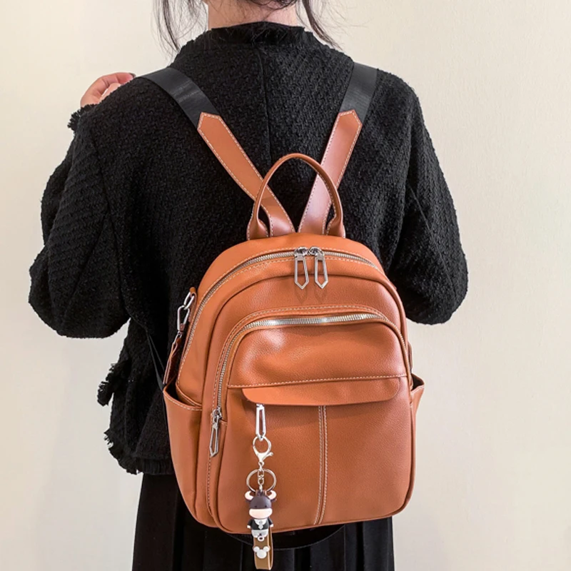 New Designer Fashion Women Leather Backpack Soft Solid Color Multi-Function Small Backpack Female Ladies Shoulder Bag Girl Purse