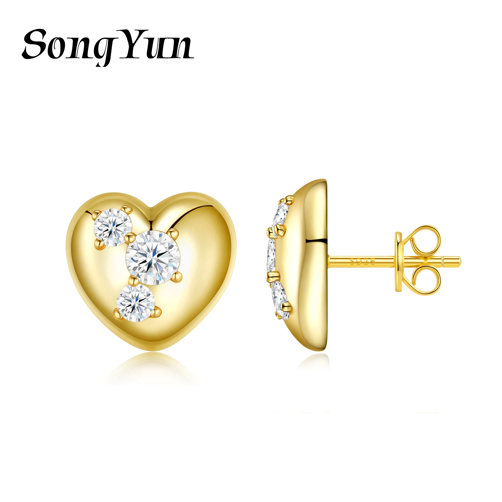 SONGYUN Moissanite Diamond Jewelry Gold Tone Fashion Heart Shape S925 Silver Moissanite Stud Earrings for Women