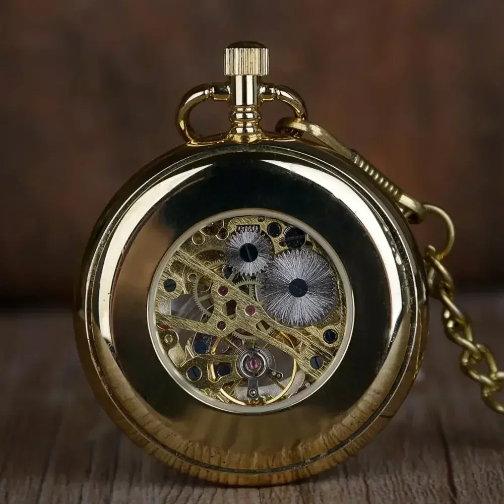 Luxury Gold Skeleton Transparent Mechanical Pocket Watch for Men Women FOB Chain Hand Winding Full Steel Pocket Watch Wholesale