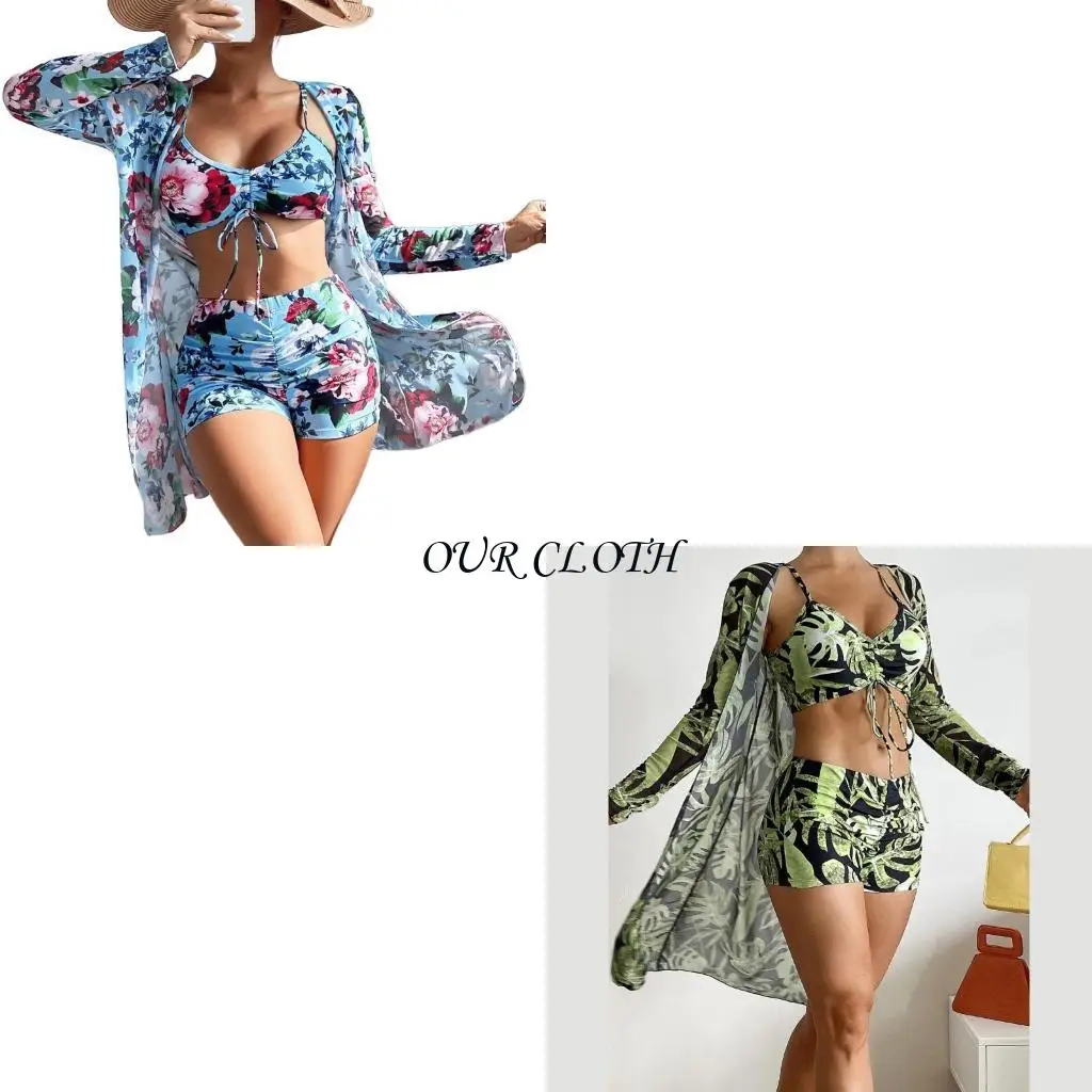 

Women Print Bathing Suit Padded Swimsuit with Beach Kimono Coverup Cardigans Y1AC
