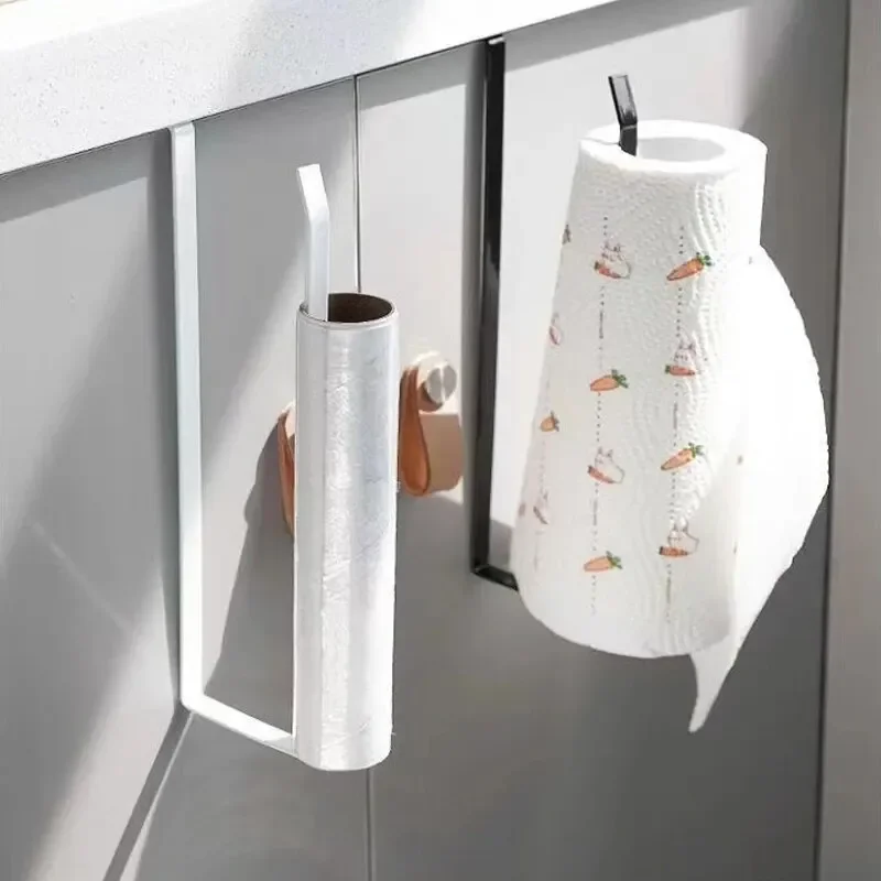 Paper Roll Holder Towel Rack Cling Film Storage Rack Bathroom No Punching Storage Rack Hanging Shelf Kitchen Tissue Accessories