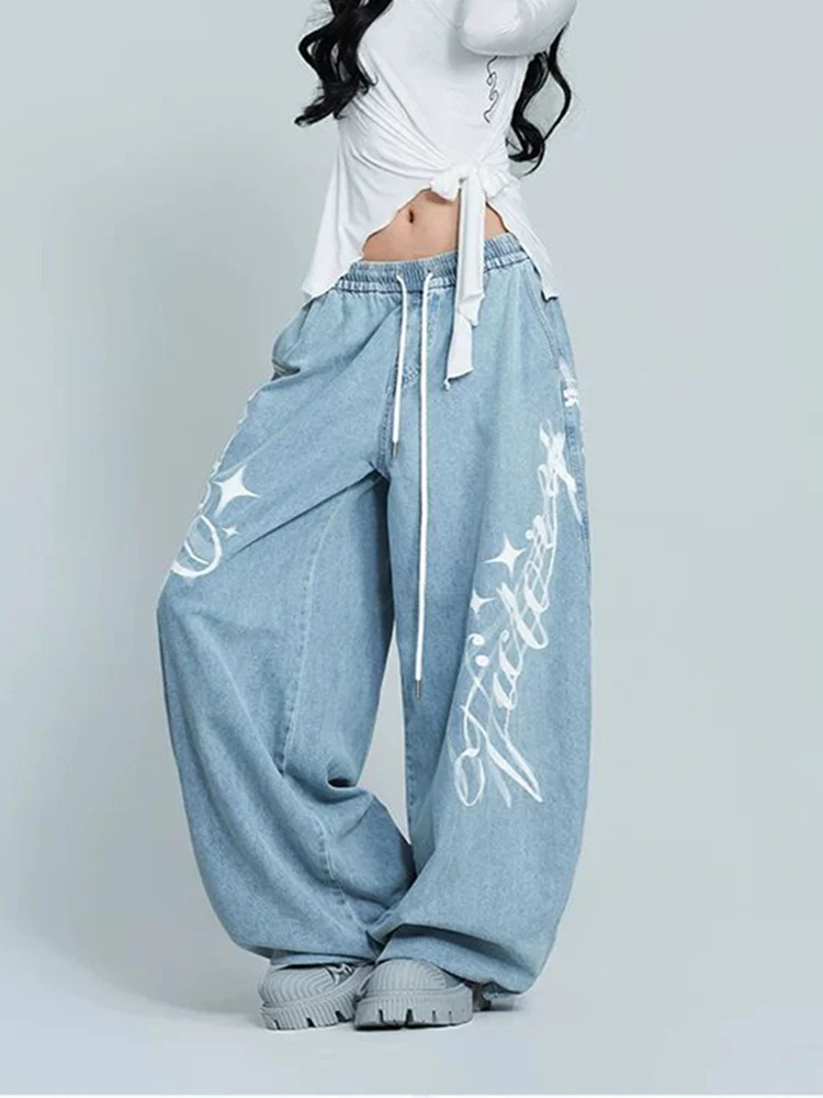 

Hip Hop Loose Jeans Women Vintage Letter Print Y2K Streetwear Wide Leg Denim Pants High Waist Casual Harajuku Drawstring Trouser