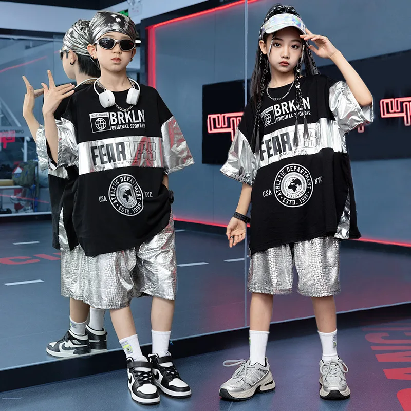 [15-70KG]Kids Alphabet Loose T-Shirt Set Boy Hip Hop Street Dance Set Girl Japanese and Korean Trend Street Style Suit