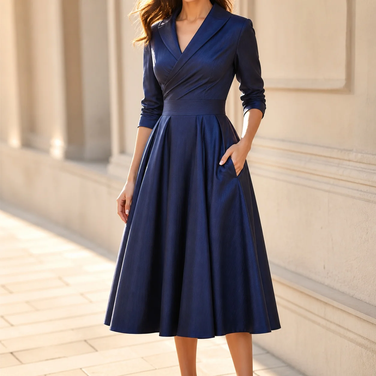 Vestido Elegante Plisado para Mujer con Cuello Solapa, Cintura Alta, Color Sólido, Asimétrico, para Invitadas de Boda, Fiesta, Graduación