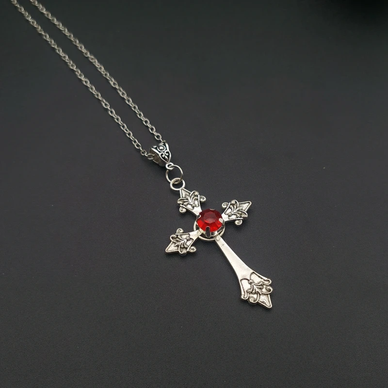 Large Detailed Cross Drill Pendant Jewel Necklace Silver Color Tone Gothic Punk Jewellery Fashion Charm Statement Women Gift(Red