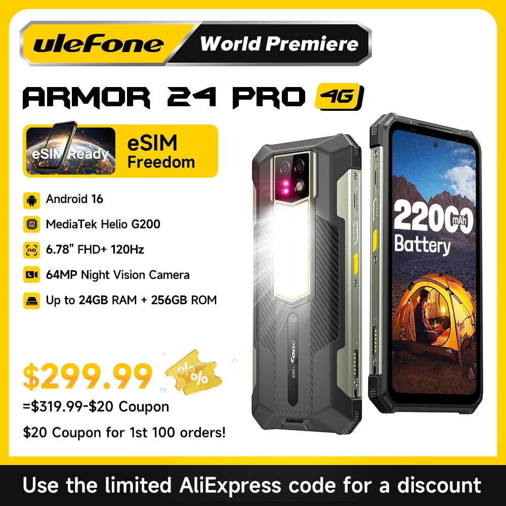 Image of 【eSIM】Ulefone Armor 24 Pro Robustes Smartphone 22000mAh Helio G200 6.78" FHD+ 120Hz 12GB+256GB 64MP Nachtsicht Android 16 Wasserdicht