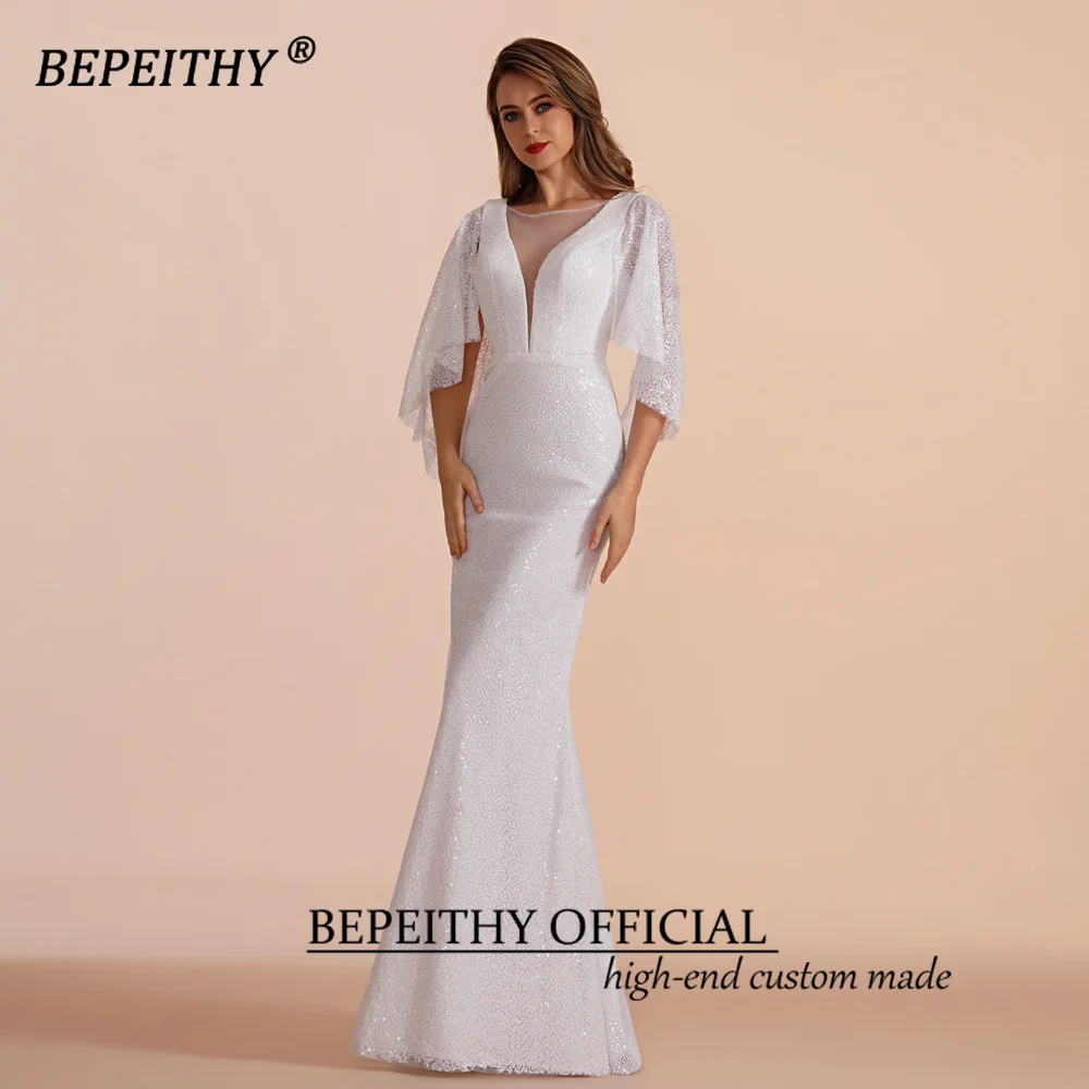 BEPEITHY Customized V Neck Sequins Evening Party Gown For Women 2023 Half Sleeves Full Length Spring Prom Formal Dresses Vintage