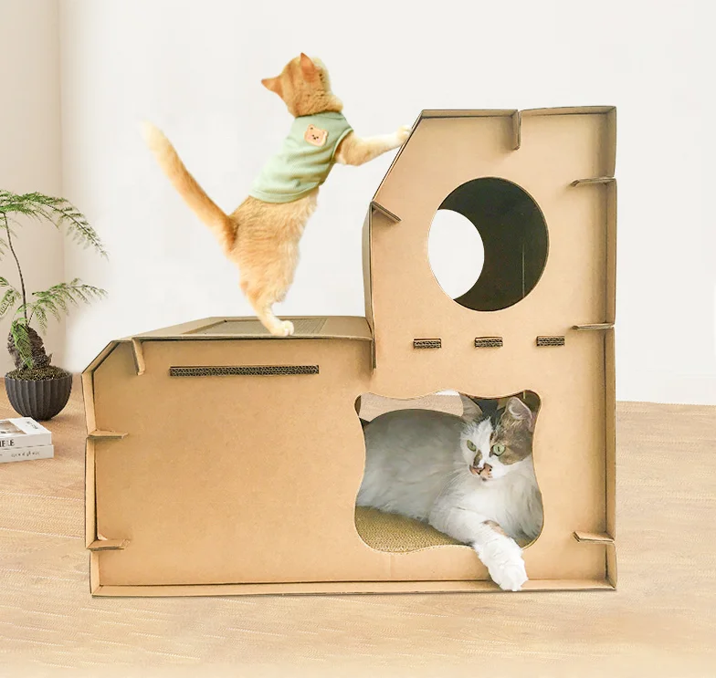 Multi-Level Corrugated Cardboard Cat House With Scratcher Pad Farmhouse Style Cat Bed Cave Hideout