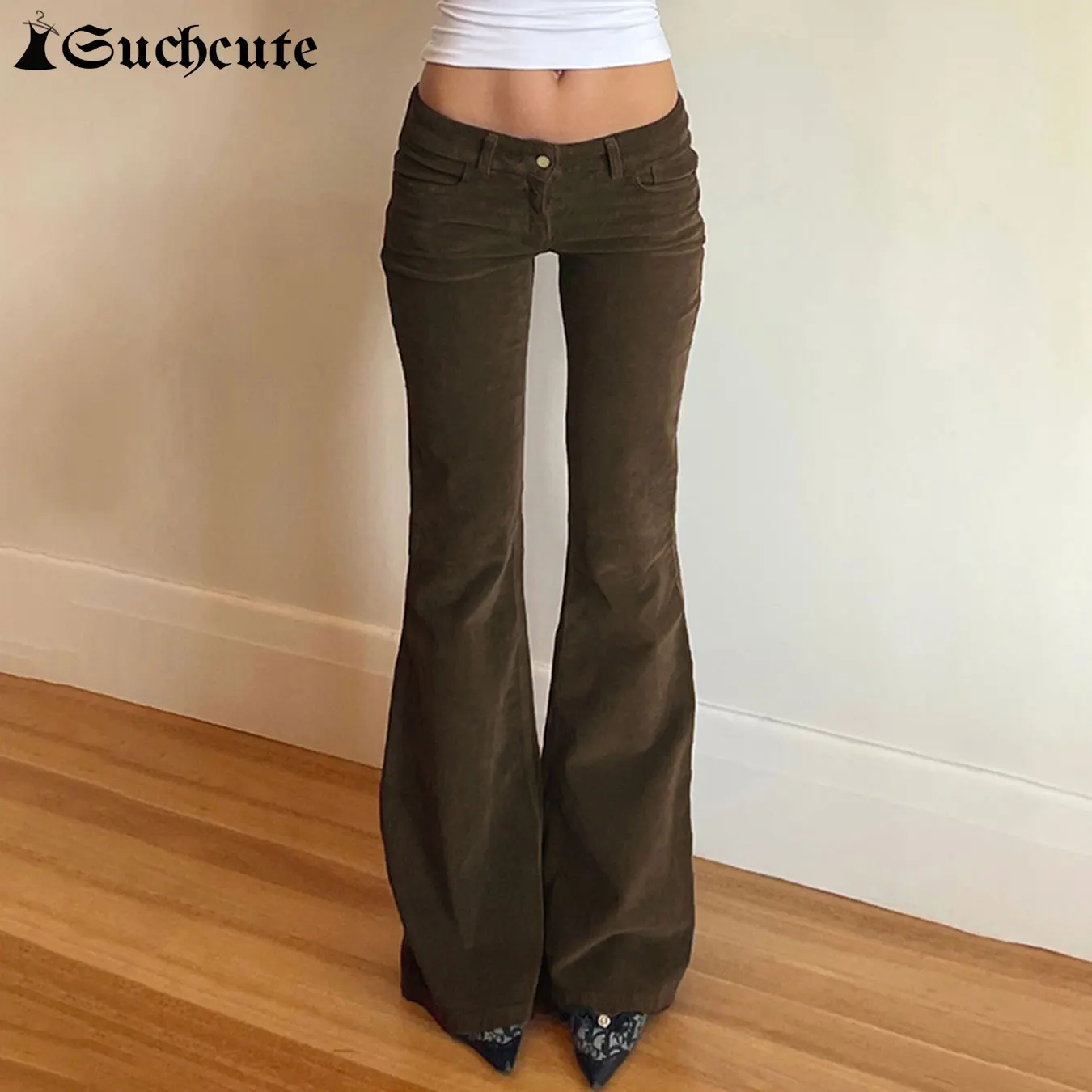 SUCHCUTE Retro Corduroy Low Waist Flare Pants Green Chic Vintage Trousers Y2k Aesthetic Women Bottoms 2024 Autumn Winter Clothes