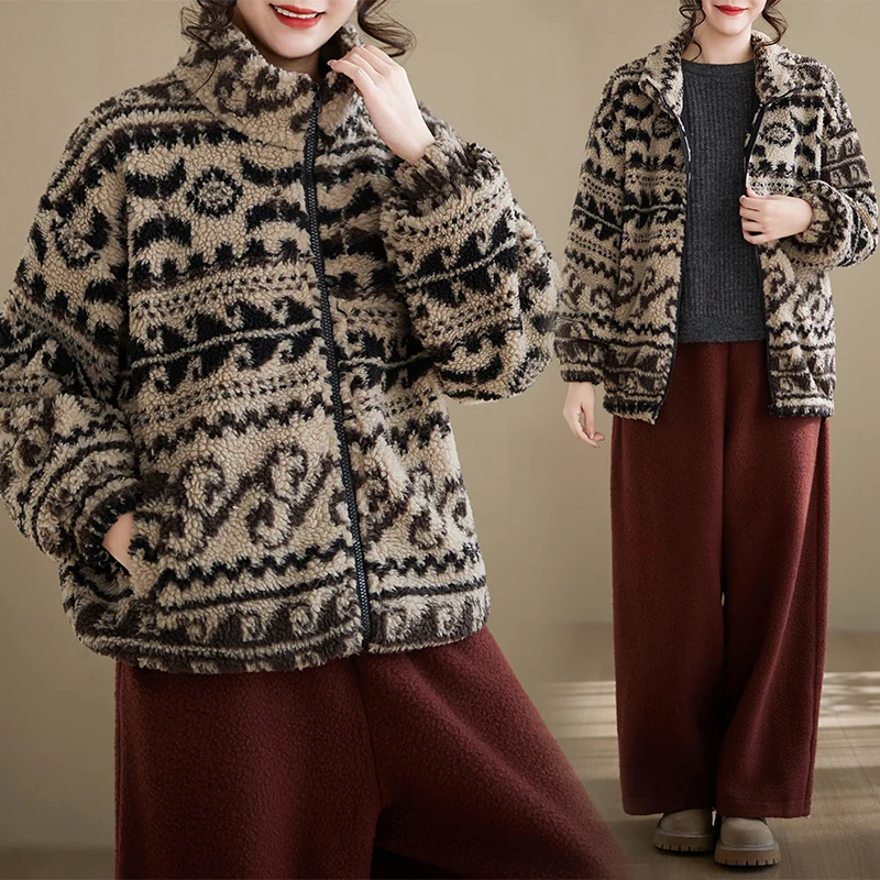 

Autumn Winter New Vintage Women's plus Size Loose Zipper Long Sve Single Outerwear Thiened Top Coat Fem Loose Version