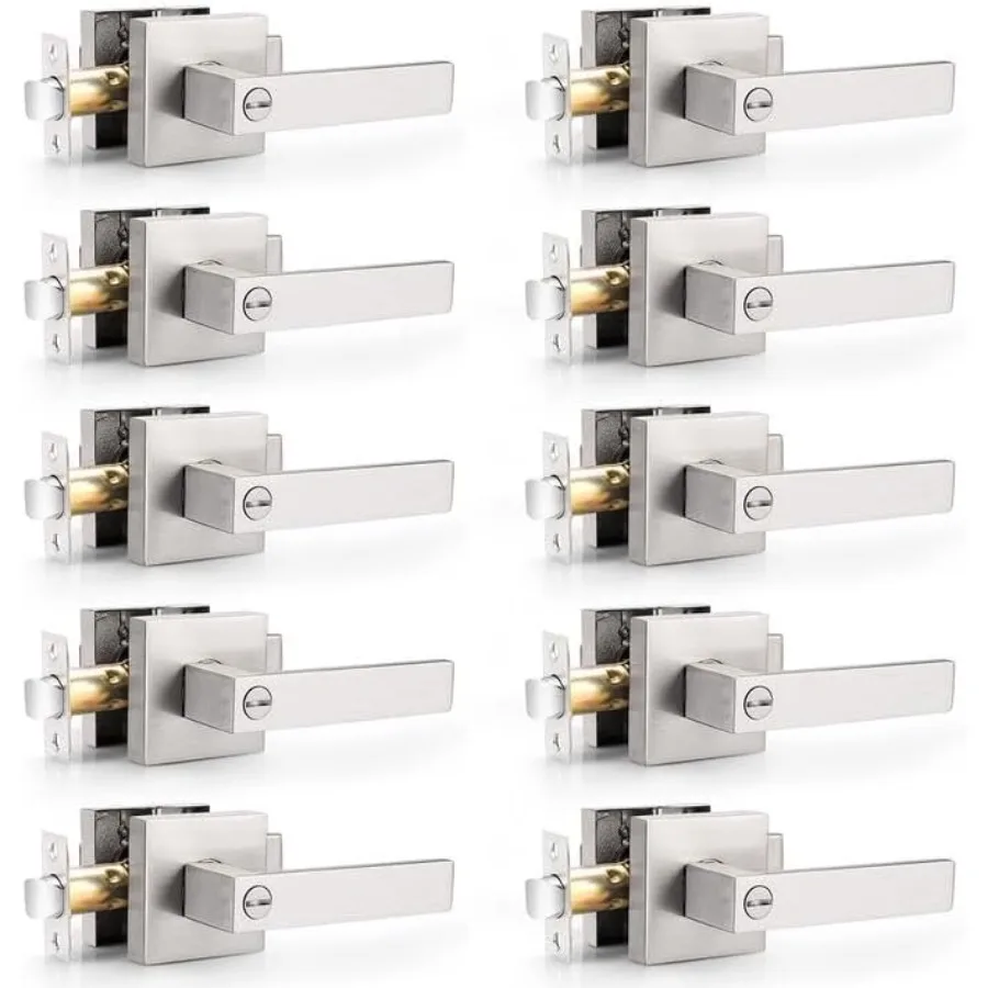 Keyless Door Locks Handles Pack of 10 for Bedroom and Bathroom Privacy Doors Square Satin Nickel Finish Durable and Stylish Int