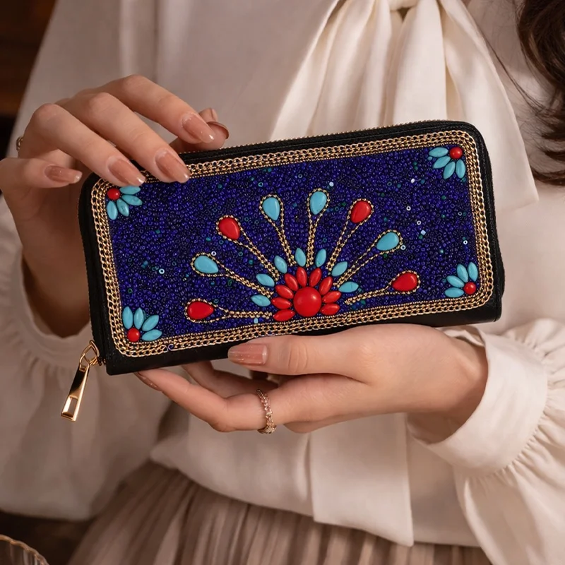 Bohemian Beaded Wallet for Women Floral Seed Bead PU Leather Zip Around Long Purse Hand-Beaded Clutch Card Holder