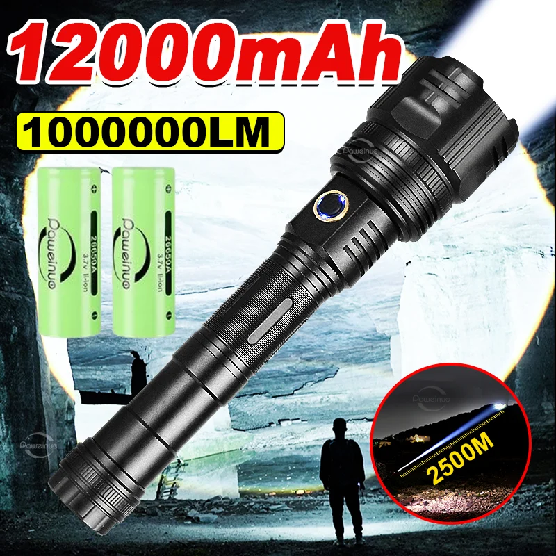 New 12000mAh White Laser Flashlights 1000000LM Ultra Powerful Flashlight Zoom USB Rechargeable Lantern Outdoor Camping Torch