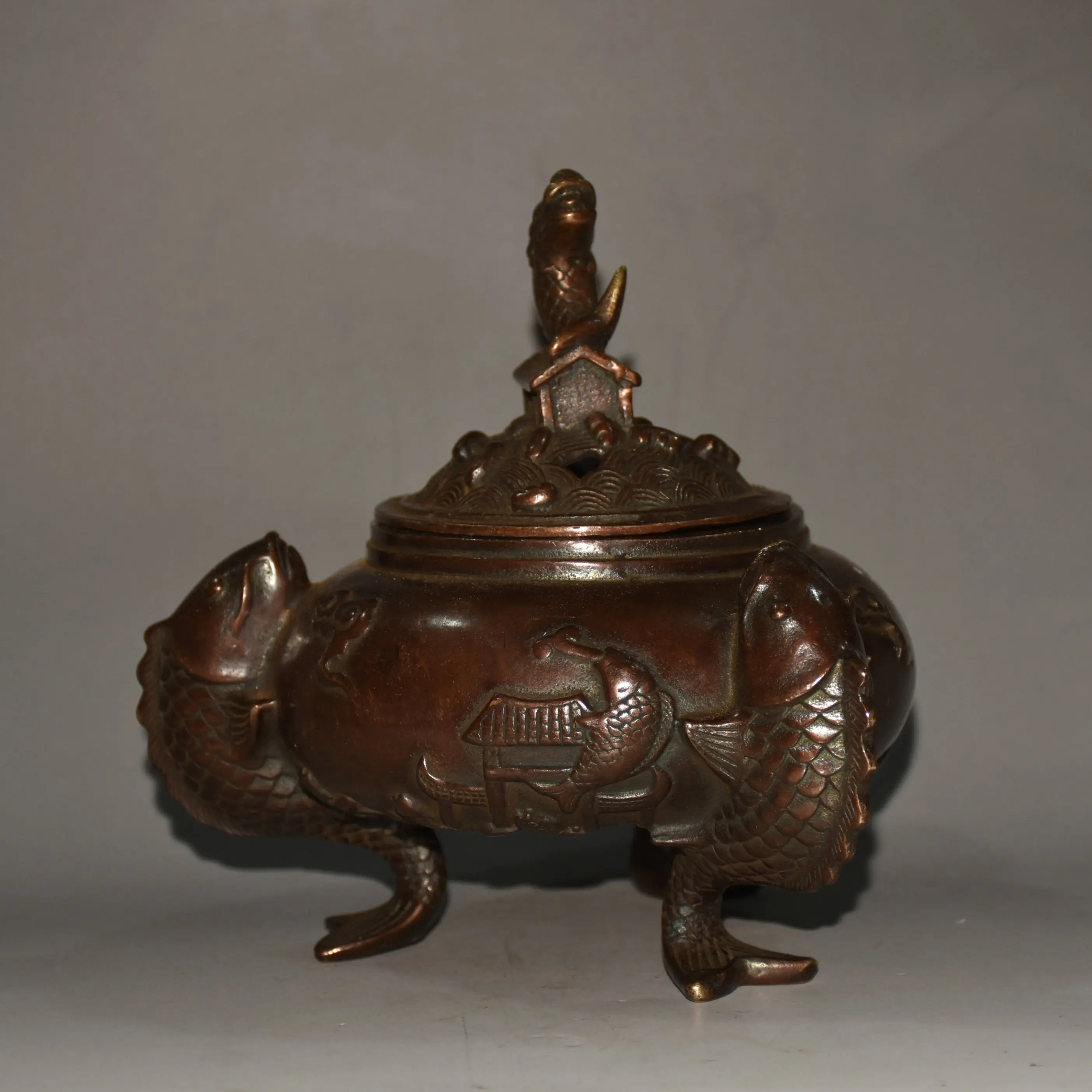 Antique Purple Copper Carp Leaping the Dragon Gate Incense Burner, Collectible, Ornament