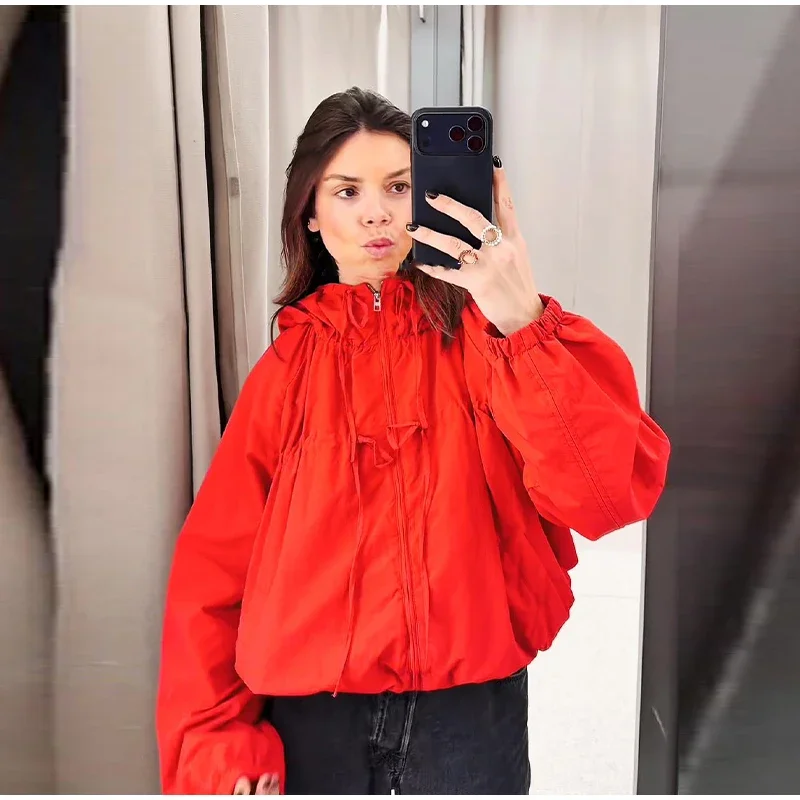 Chic Hooded Women's Jacket Zippers Full Sleeve Stand Collar Lace Up Loose Lady Coat 2026 Spring Fashion Female Street Outerwear