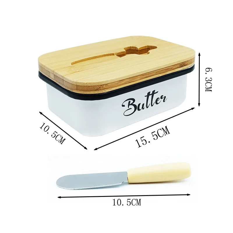 Enamel Butter Dish with Bamboo Lid and Knife,Kitchen Countertop Cheese Container,Butters Plate Keeper,Food Storage Organizer