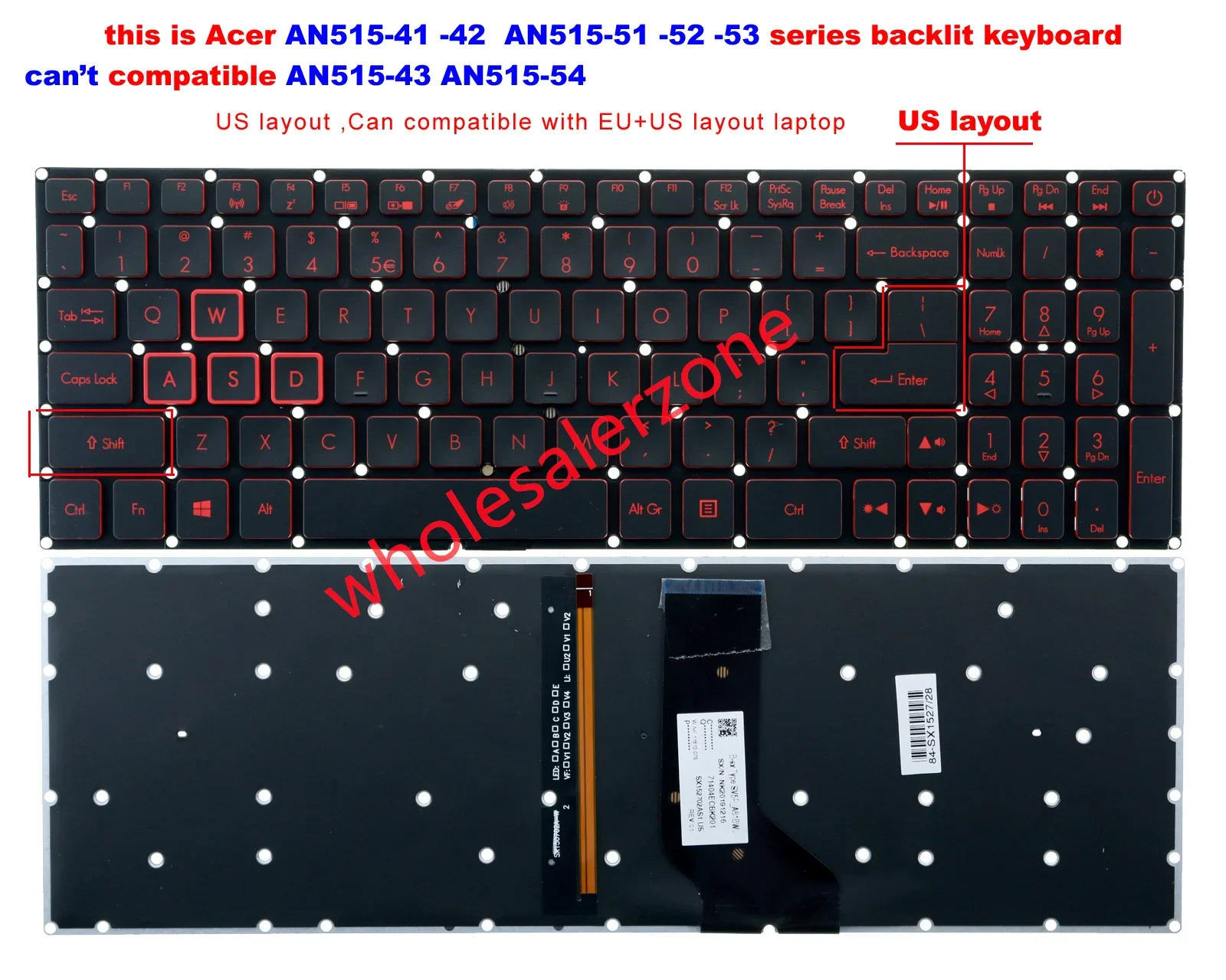 Backlit US Keyboard For Acer Nitro 5 AN515-41 AN515-42 AN515-51 AN515-52 AN515-53 N16C7 N17c1 ( can't fit AN515-43,AN515-54)