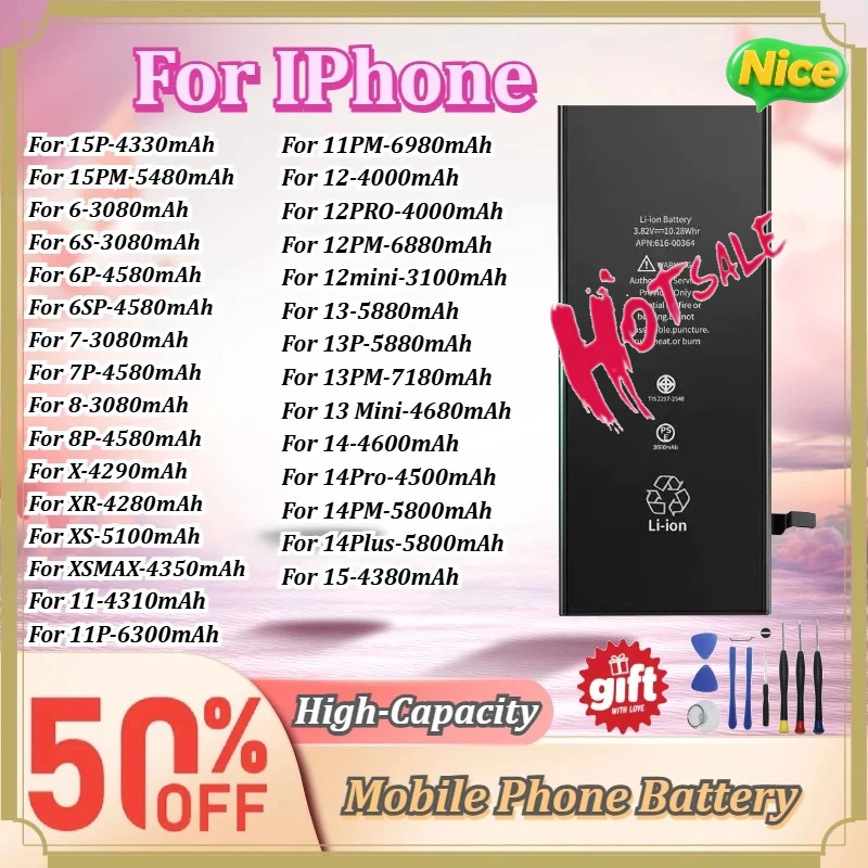 High-Capacity Replacement Lithium Polymer Mobile Phone Battery for IPhone 6 7 8 X 11 11Pro 12 12Pro 13 14 15 with Free Tools