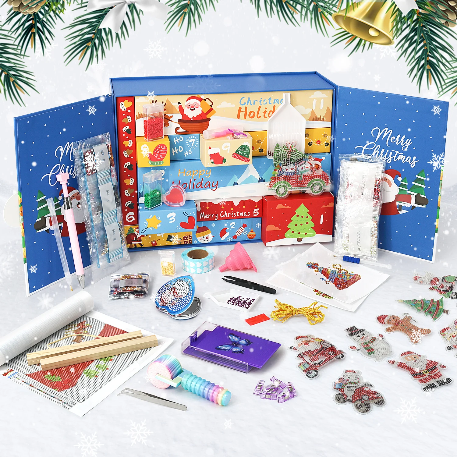 12-Day Christmas Advent Calendar Diamond Painting Kit, DIY Gem Keychain Craft Set, Holiday Gift Box for Kids and Girls