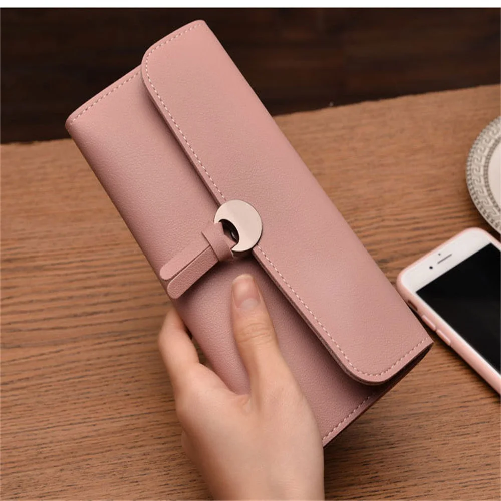 

Women's Long Tri-fold Wallet Korean PU Coin Purse Multi-Cards Card Holder Hasp Soft Leather Clip Solid Color Minimalist Moneybag