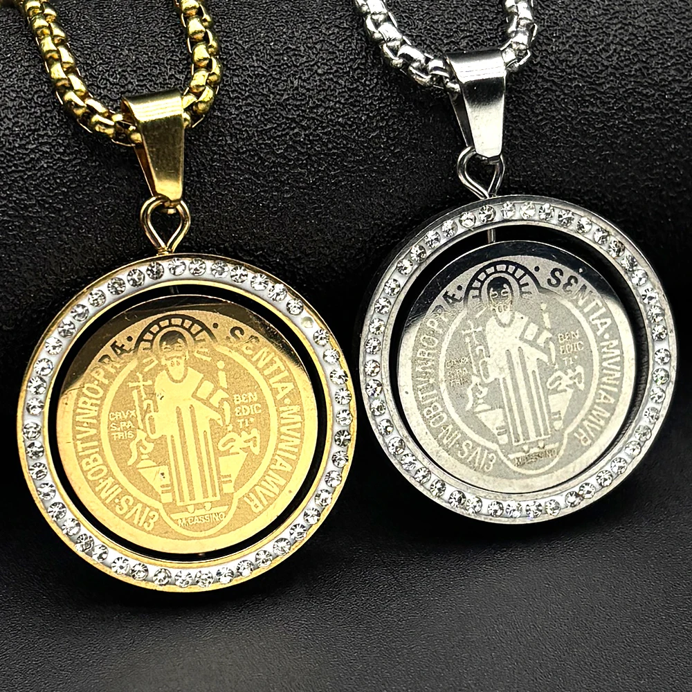 Catholic Rotatable Saint Benedict Cross Pendant Necklace for Women Men Stainless Steel Rhinestones San Benito Box Chain Jewelry