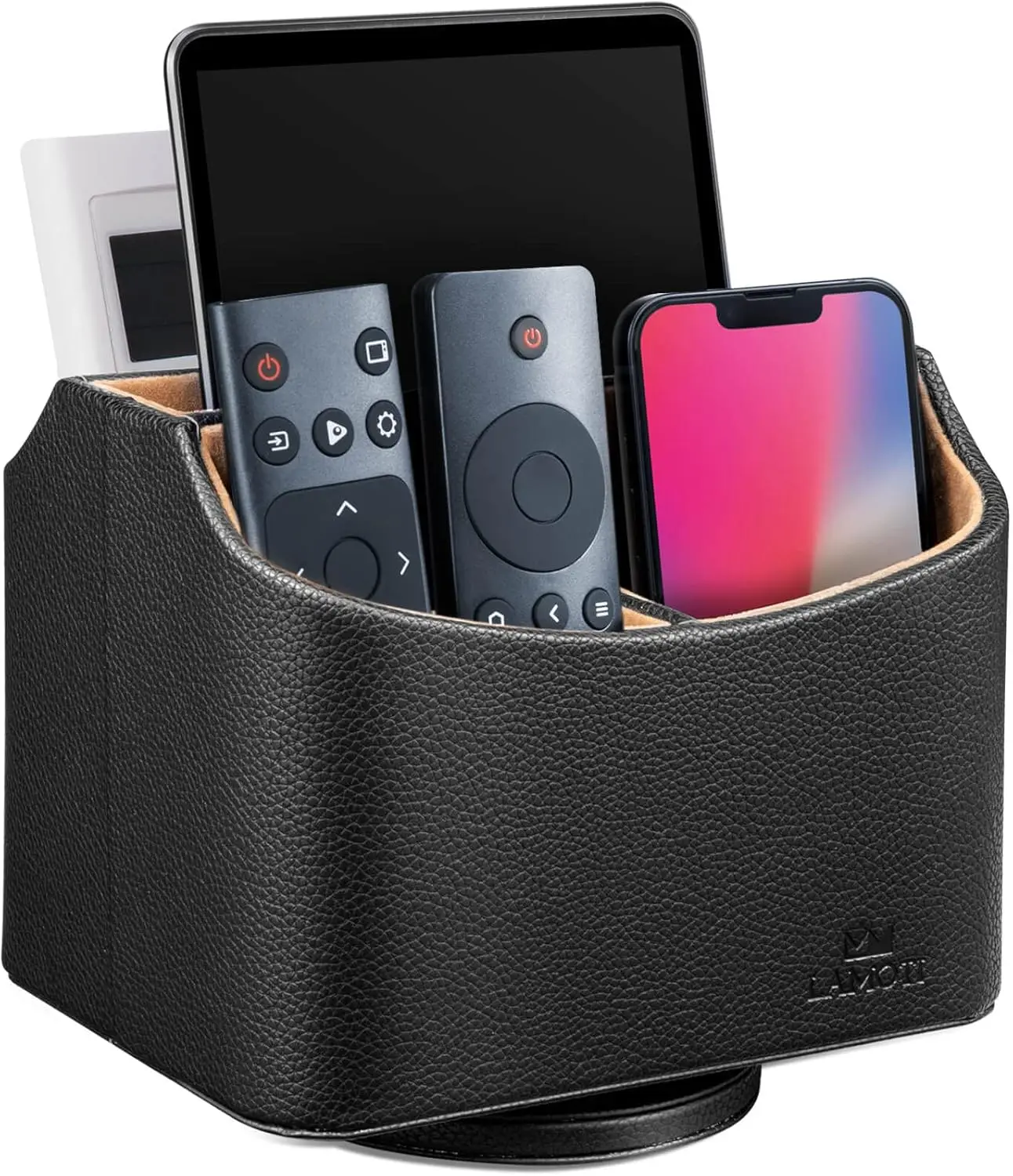 

360° Spinning TV Remote Caddy, 5-Compartment Desk Organizer for Remotes, Phones, Tablets & More in Black