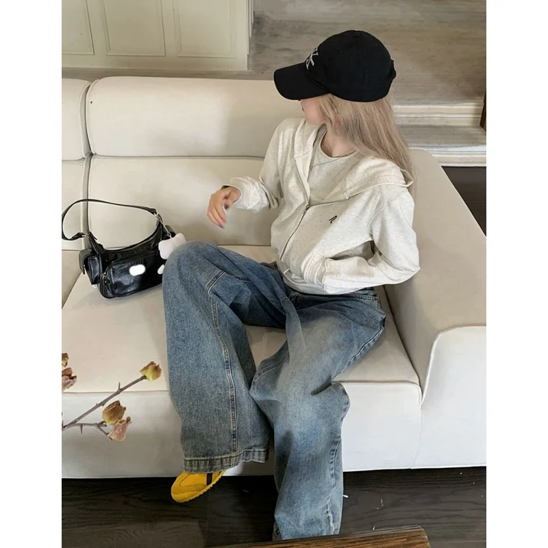 Grey Jacket Sweatshirt Women Vintage Hooded Coat Long Sleeve Streetwear Fashion Casual Y2K Style Winter 2023 Female Plush Tops