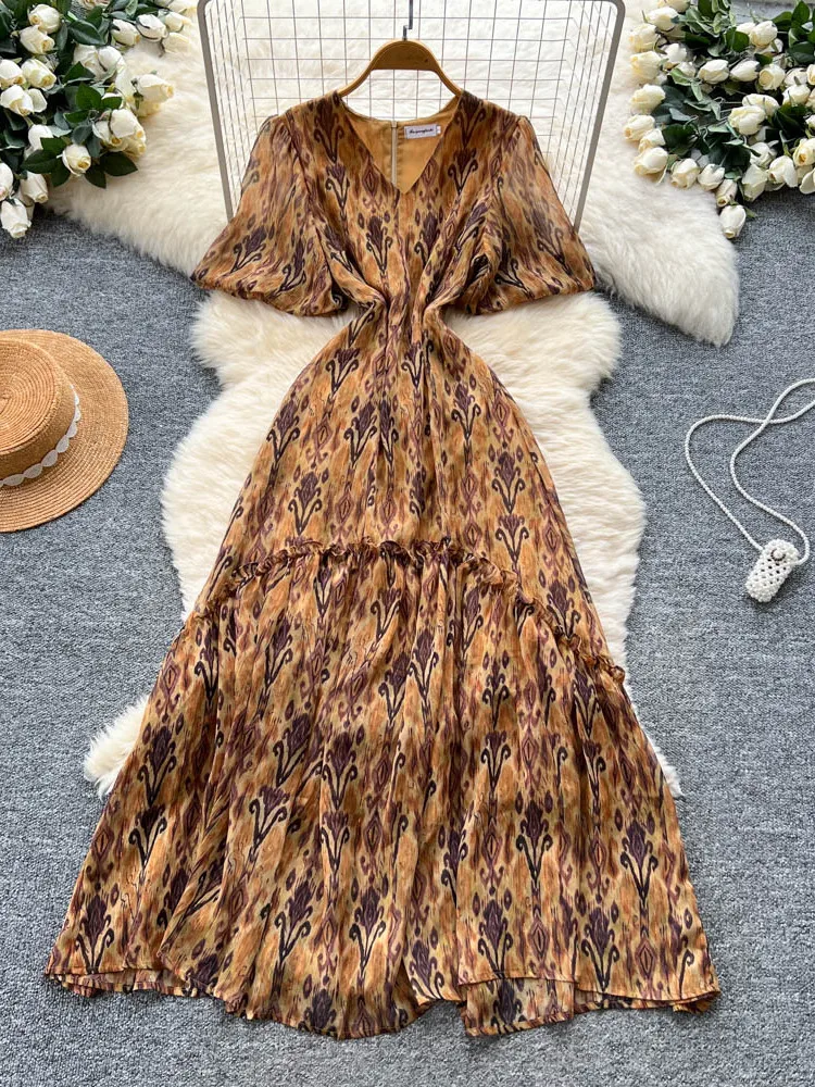 فستان أنيق بياقة على شكل V وأكمام قصيرة مع نقشة زهور للنساء، فستان صيفي طويل بخصر ضيق وتنورة متوسطة الطول من البوليستر بتصميم... #2