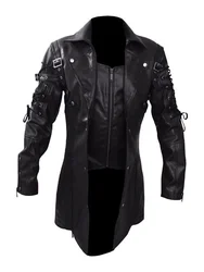 New Steampunk Men's Gothic Trench Coat Leather Jacket Punk Style Biker Jacke Autumn Winter Motocycle Jacket