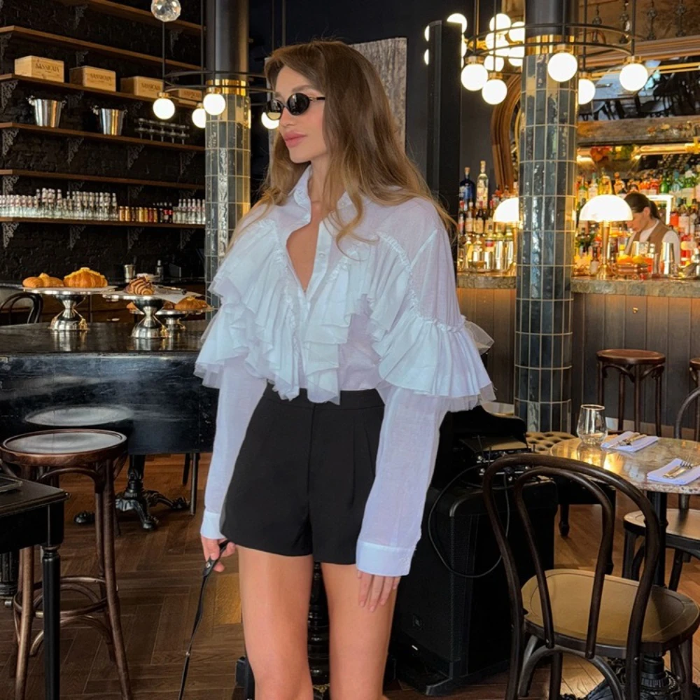 TWOTWINSTYLE French Office Spliced Ruffled White Shirt for Women Lapel Long Sleeves Temperament Basics Shirts Female Autumn New