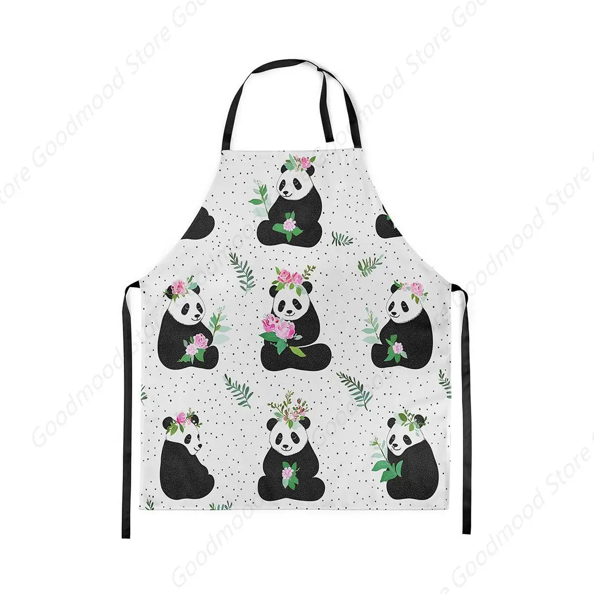

Cartoon Panda Kitchen Apron Green Leaves Pink Flowers Apron for Adults Black Polka Dots Cute Animals Waterproof Apron