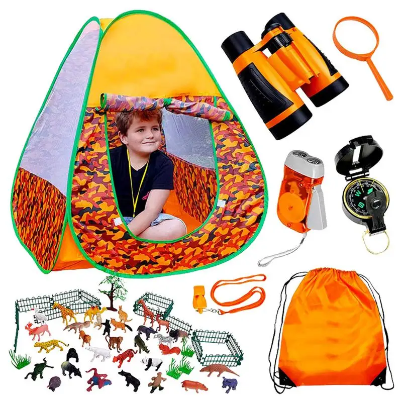 

Kids Camping Tent Set Toys Pretend Play Set Tent Building Kit Camp Gear Tools With Compass Magnifying Glass Foldable Tent For