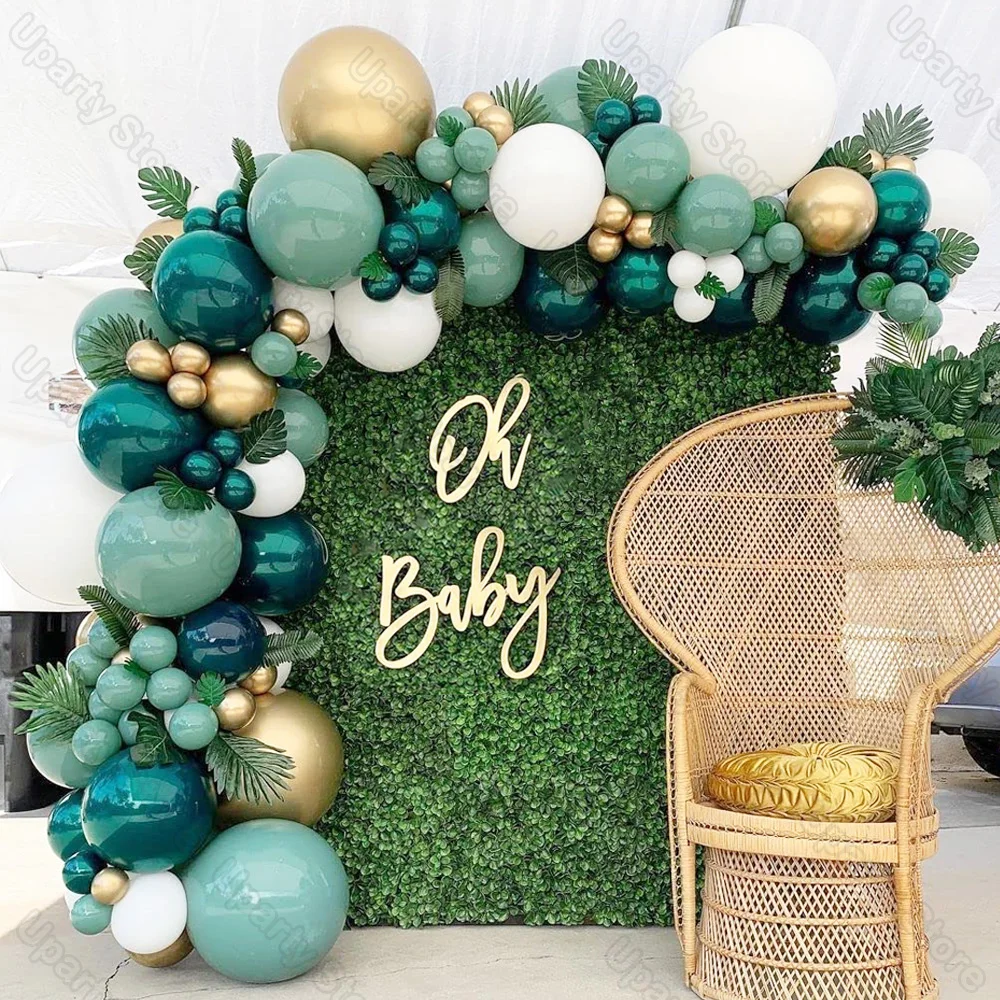 Retro Green Birthday Balloons Garland Double Stuffed Teal Gold Boho Green Balloon Arch for Baby Shower Safari Wild One Party Dec