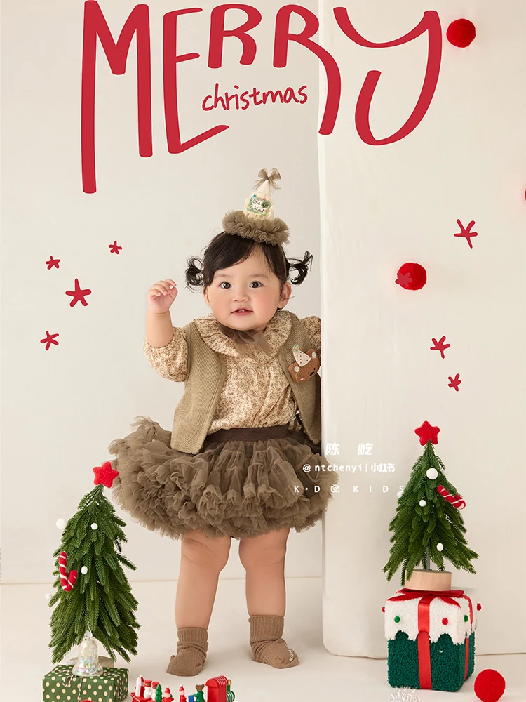 

Комплект для фотосессии на Рождество для малышей 1 года: винтажное коричневое кружевное платье + рождественский головной убор, профессиональный студийный фотокостюм
