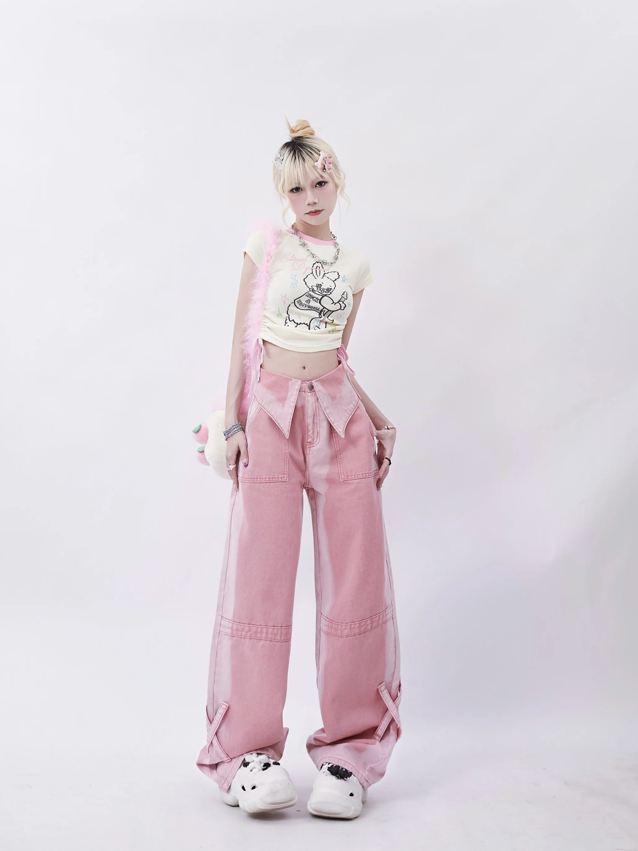 Women Vintage Pink High Waist Cargo Jeans Baggy Harajuku Y2k Cowboy Pants Aesthetic Streetwear Wide Leg Straight Denim Trousers