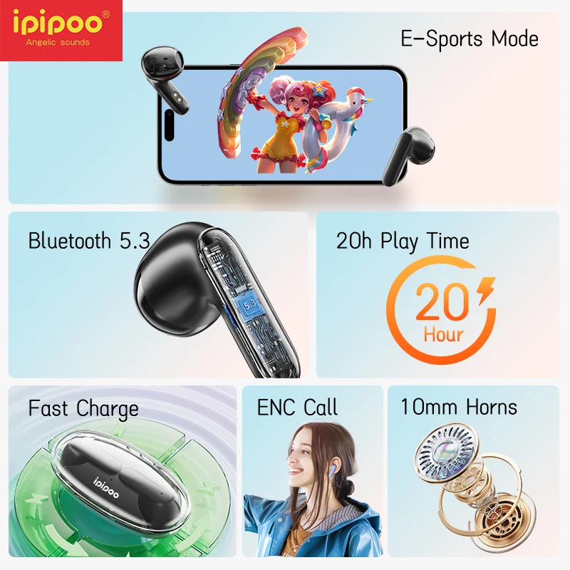 IPIPOO ENC الحد من الضوضاء سماعات بلوتوث 4 هيئة التصنيع العسكري دعوة الحد من الضوضاء سماعات بلوتوث 5.3 الموسيقى اللاسلكية TWS سماعة