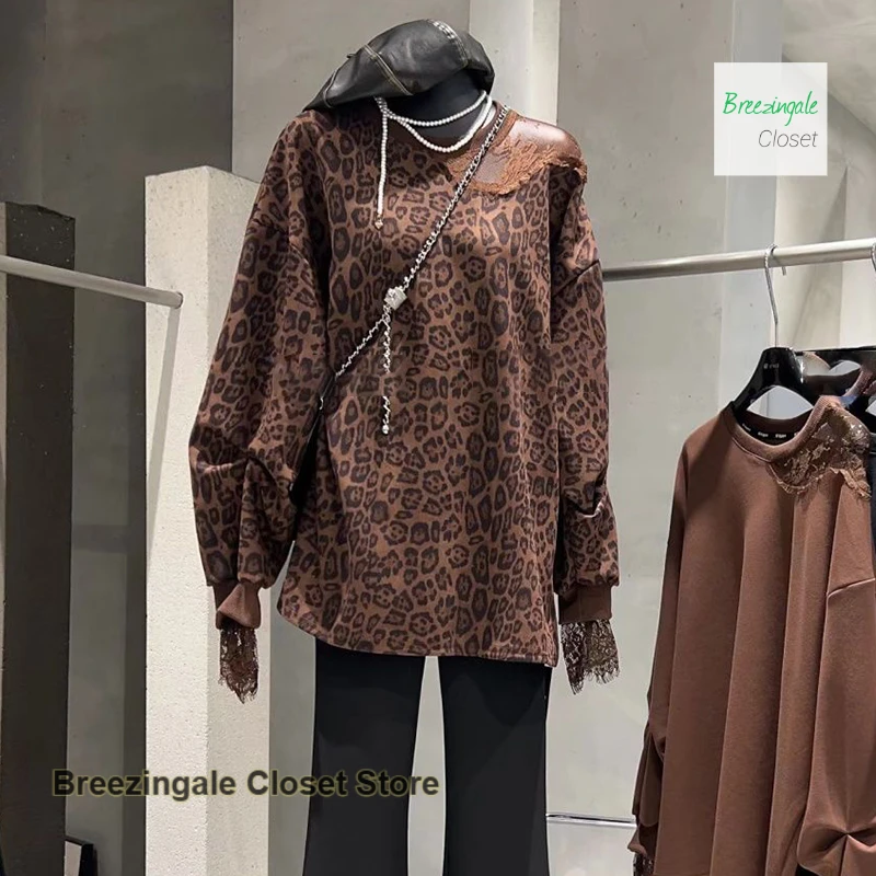 French style sexy leopard lace stitching top women's spring and autumn new fashion temperament Joker advanced design coat.