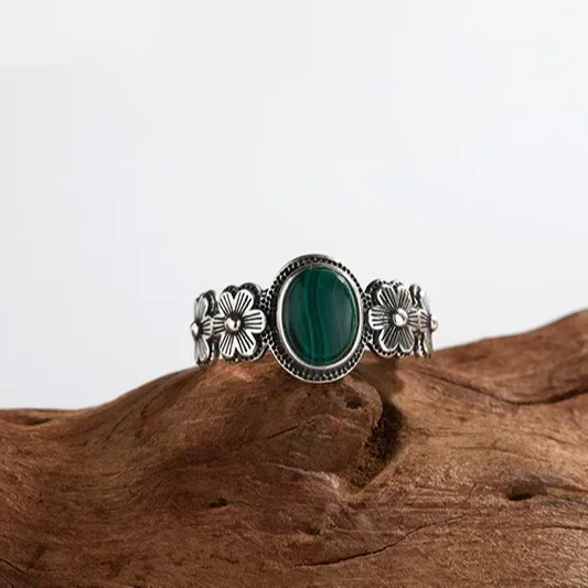 Natural Gemstone Malachite Ring 925 Sterling Silver Vintage Women's Ring Exquisite Jewelry Accessories Birthday Gift