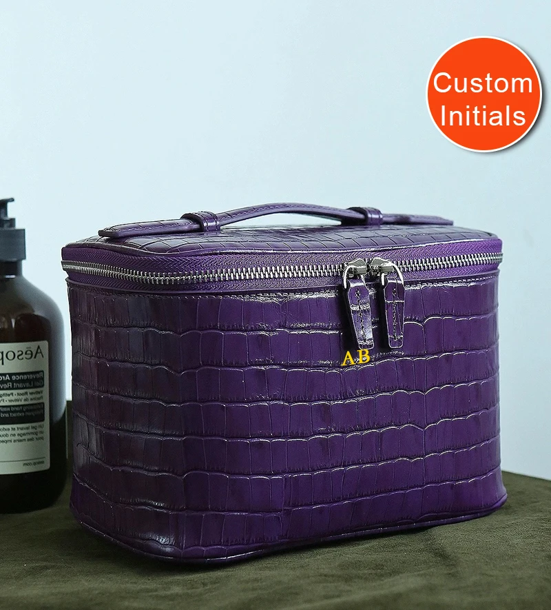 Neceser de maquillaje de piel auténtica con iniciales personalizadas para mujer bolsos y carteras de diseñador de lujo novedad 2026 organizador de maquillaje de viaje de piel serraje alta calidad envío gratis